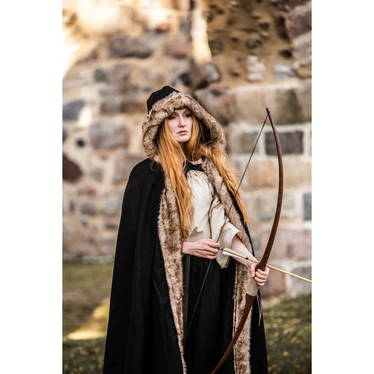 Brown Wool Hooded Viking Cape | Water-Repellent with Faux Fur