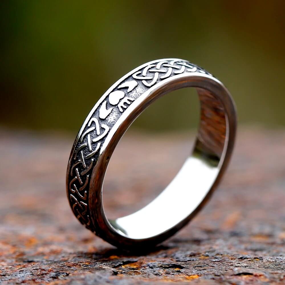 Viking Celtic Claddagh knot titanium steel ring with intricate silver knotwork.