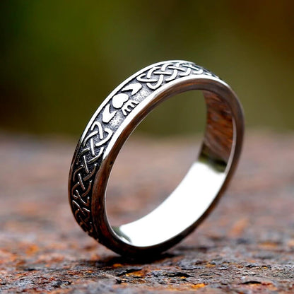Viking Celtic Claddagh knot titanium steel ring with intricate silver knotwork.