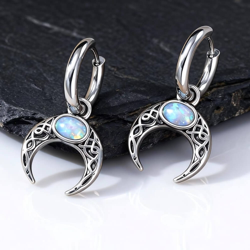 Celtic Crescent Moon Drop Earrings with Blue Opal Stone