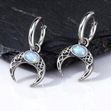 Celtic Crescent Moon Drop Earrings with Blue Opal Stone