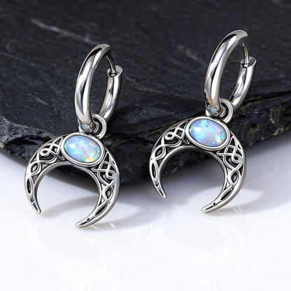 Celtic Crescent Moon Drop Earrings with Blue Opal Stone