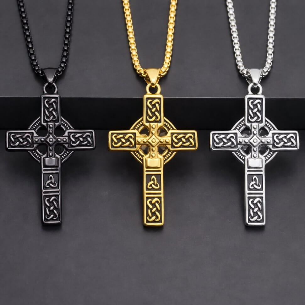 Viking Celtic Knot Cross stainless steel necklaces in black, gold, and silver finishes.