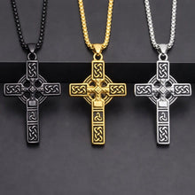 Viking Celtic Knot Cross stainless steel necklaces in black, gold, and silver finishes.