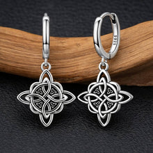 Celtic witch's knot star drop earrings in 925 sterling silver with Trinity knot accents on huggie hoops