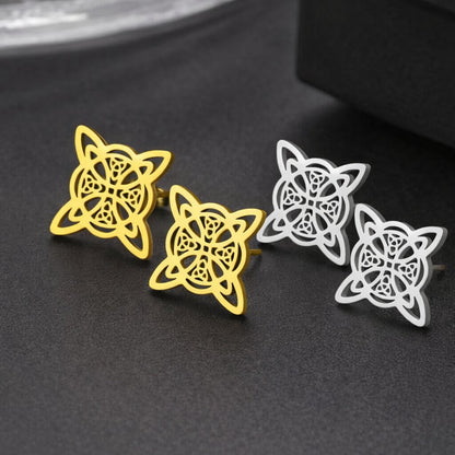 Celtic witch's knot star stud earrings in gold and silver stainless steel with openwork Trinity knot design