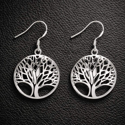 Celtic Tree of Life round drop earrings in polished sterling silver with openwork design on fish hook ear wires