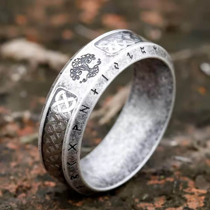 Celtic Tree of Life Rune Stainless Steel Ring with Yggdrasil symbol, Celtic knots, and Elder Futhark runes in antiqued silver