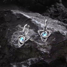 Celtic Trinity knot drop earrings with blue moonstone and crescent moon in antiqued stainless steel on huggie hoops