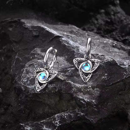 Celtic Trinity knot drop earrings with blue moonstone and crescent moon in antiqued stainless steel on huggie hoops
