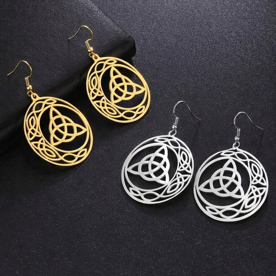 Celtic Trinity knot crescent moon round earrings in gold and silver stainless steel with openwork knotwork on fish hook wires