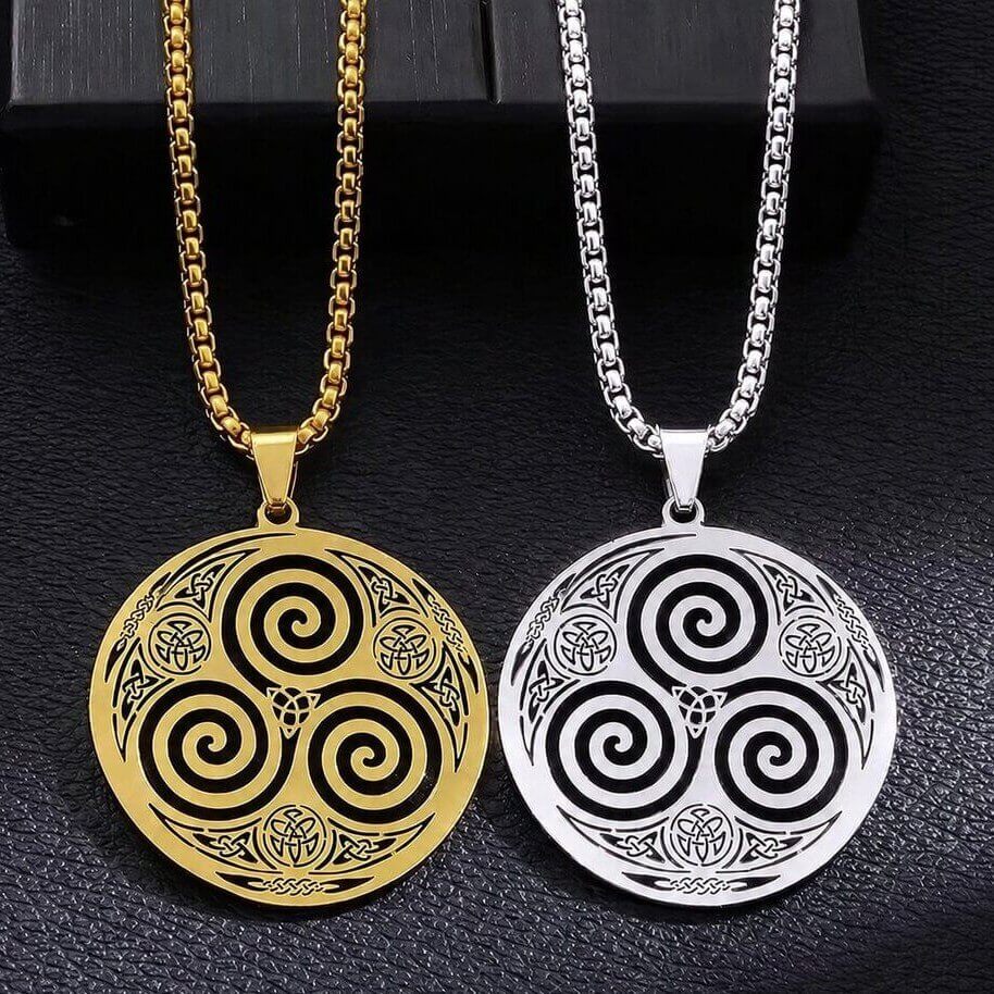 Viking Celtic Triskelion pendant necklaces: gold and silver stainless steel with Trinity Knot engraving.