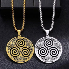 Viking Celtic Triskelion pendant necklaces: gold and silver stainless steel with Trinity Knot engraving.