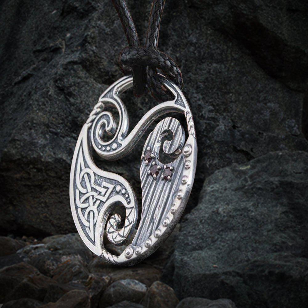 Circle Shield Pendant with Triskelion and CZ Ornament Sterling Silver Norse Jewelry-1