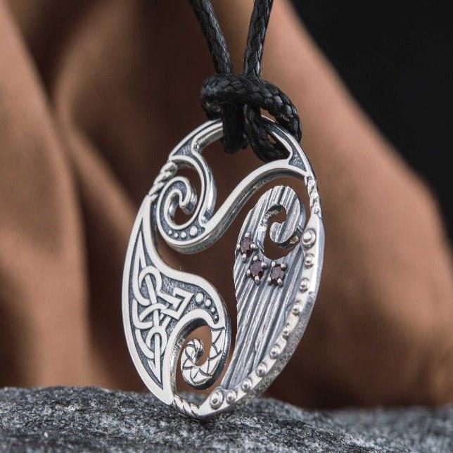 Circle Shield Pendant with Triskelion and CZ Ornament Sterling Silver Norse Jewelry-4