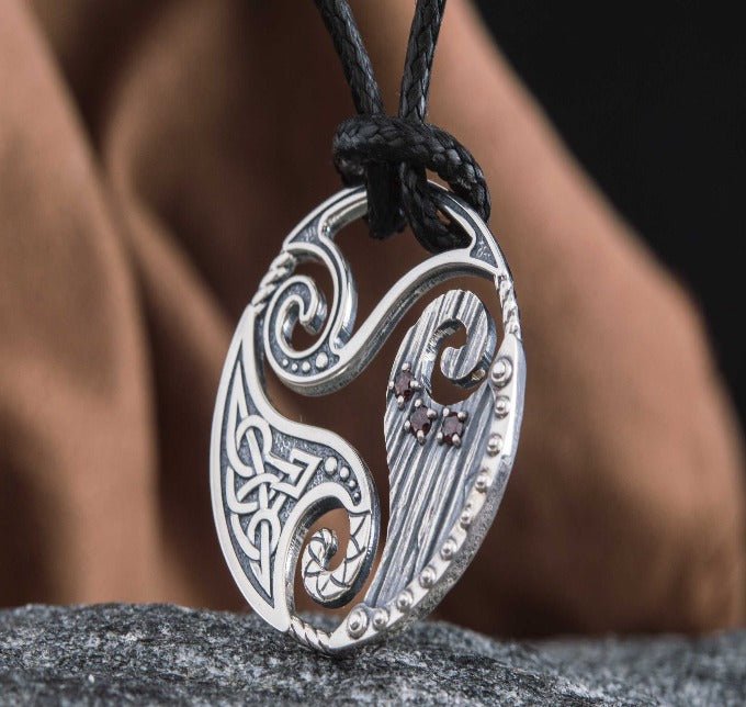 Circle Shield Pendant with Triskelion and CZ Ornament Sterling Silver Norse Jewelry-4