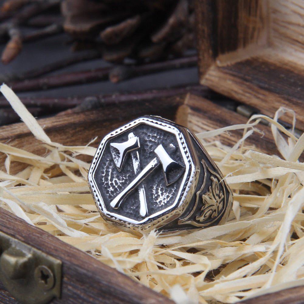 Cross Double Battle Axe Viking Ring-3