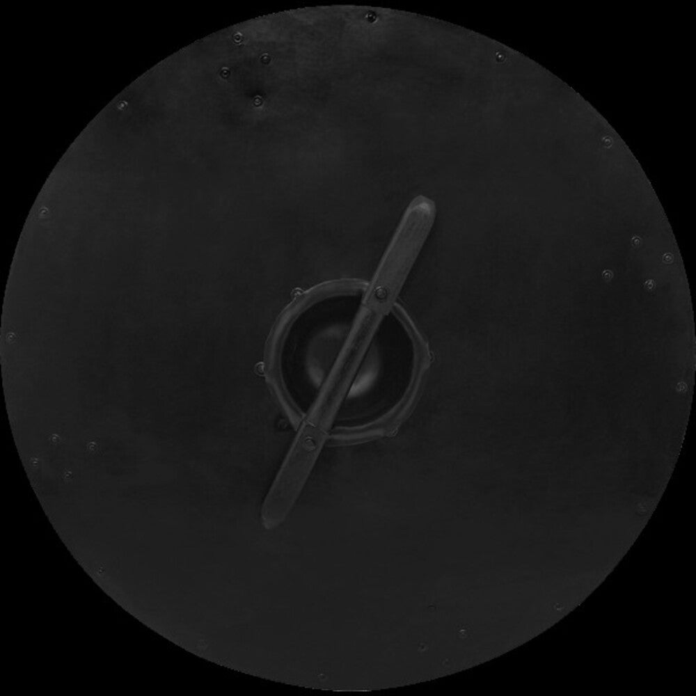 Back of a dark iron-rimmed round Viking shield with a wood-wrapped center handle and steel boss.