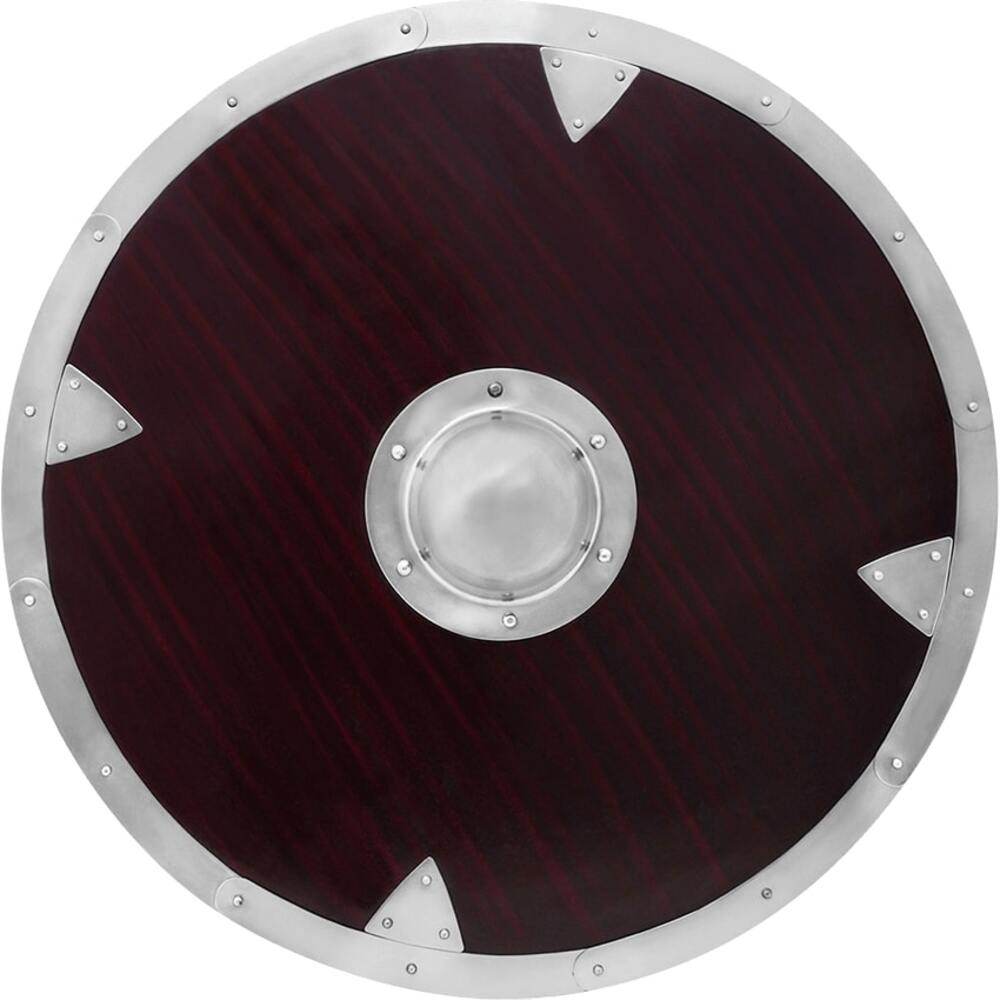 Dark iron-rim round Viking shield with deep reddish wood grain and a polished metal boss in the center.