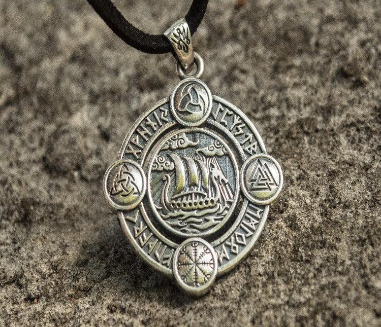 Drakkar Pendant with Norse Symbols Sterling Silver Viking Jewelry-1