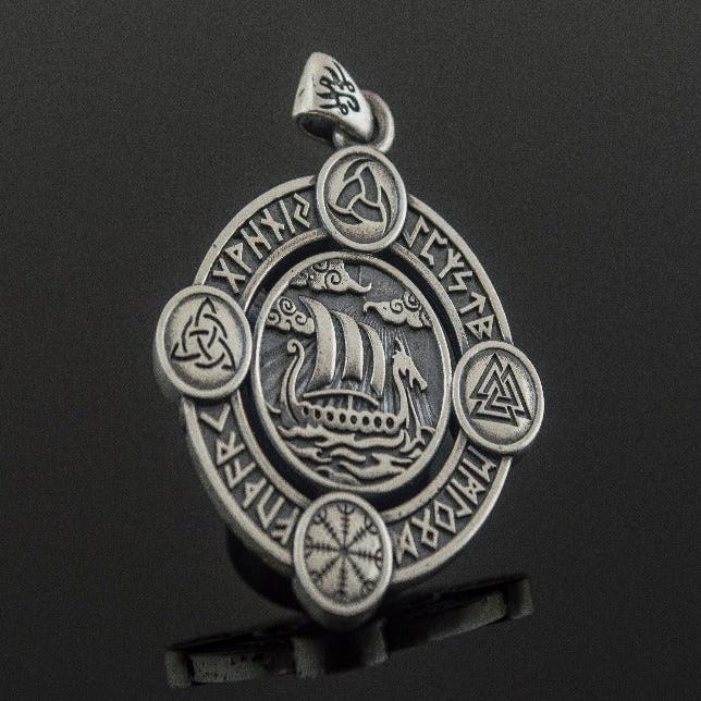 Drakkar Pendant with Norse Symbols Sterling Silver Viking Jewelry-2