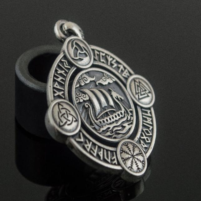 Drakkar Pendant with Norse Symbols Sterling Silver Viking Jewelry-3