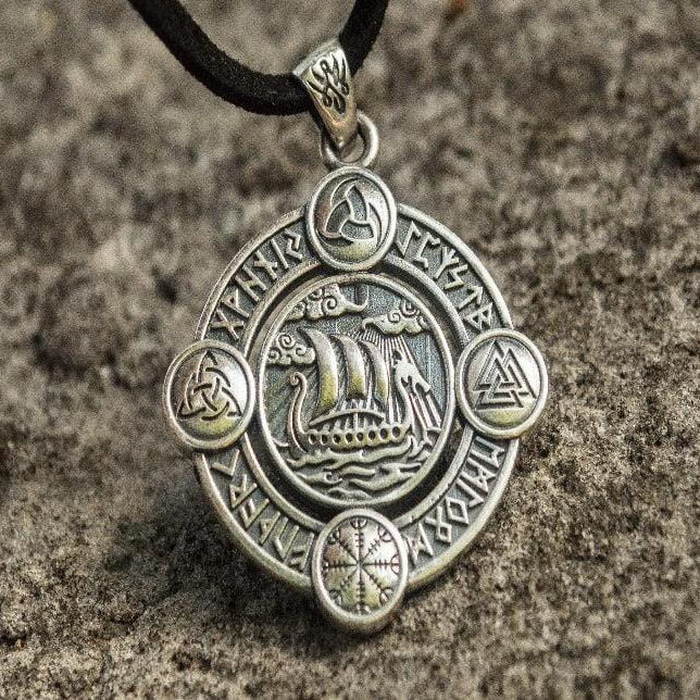 Drakkar Pendant with Norse Symbols Sterling Silver Viking Jewelry-5