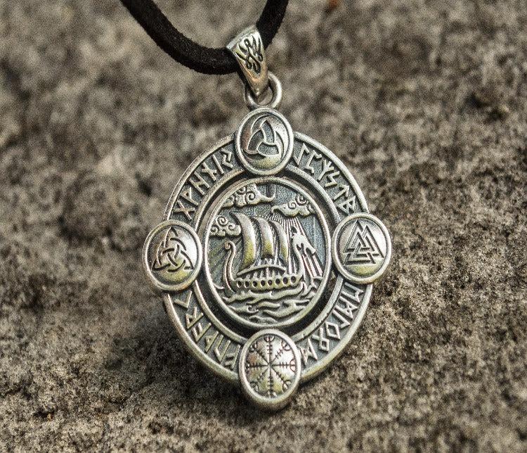 Drakkar Pendant with Norse Symbols Sterling Silver Viking Jewelry-5