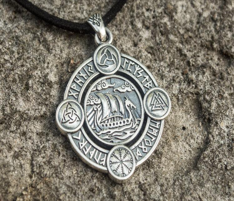 Drakkar Pendant with Norse Symbols Sterling Silver Viking Jewelry-7
