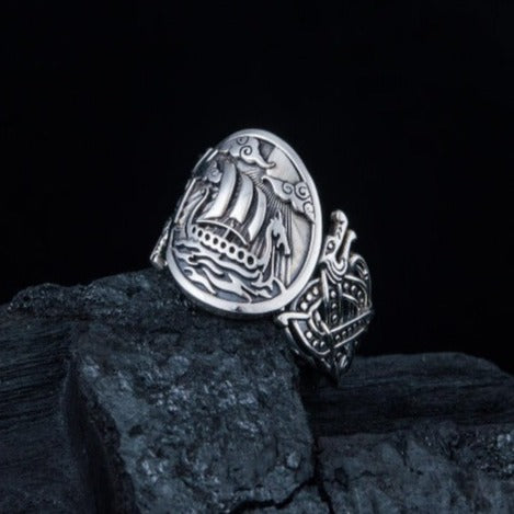 Drakkar Symbol with Wolf Ornament Ring Sterling Silver Unique Jewelry-1