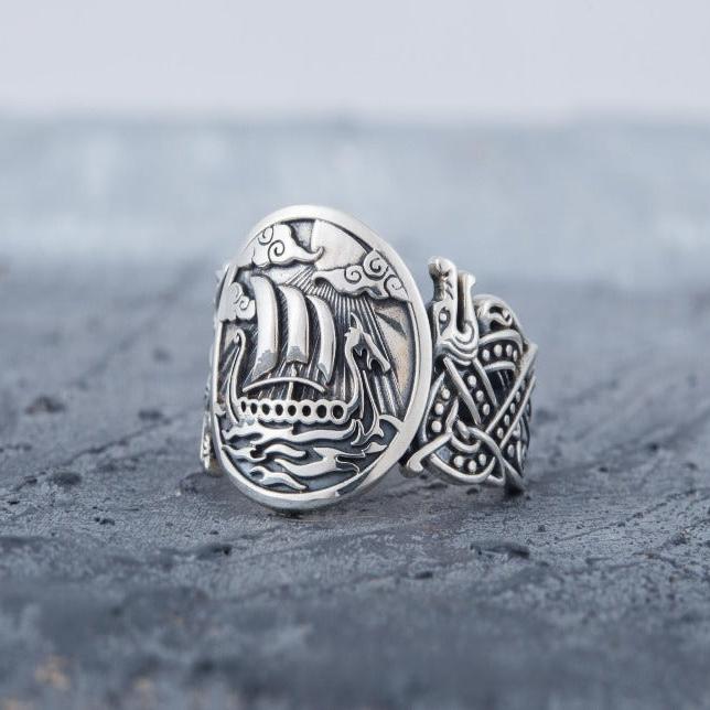 Drakkar Symbol with Wolf Ornament Ring Sterling Silver Unique Jewelry-2