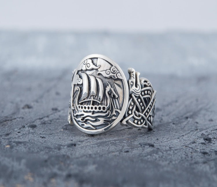 Drakkar Symbol with Wolf Ornament Ring Sterling Silver Unique Jewelry-2