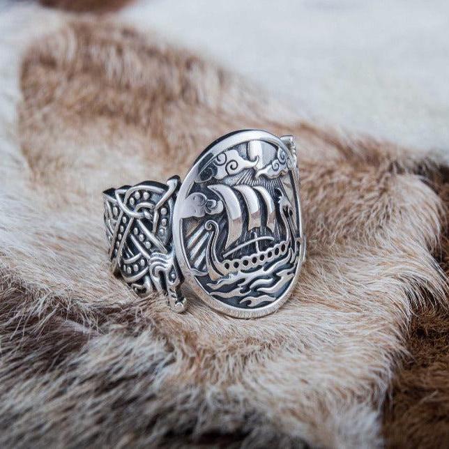 Drakkar Symbol with Wolf Ornament Ring Sterling Silver Unique Jewelry-3