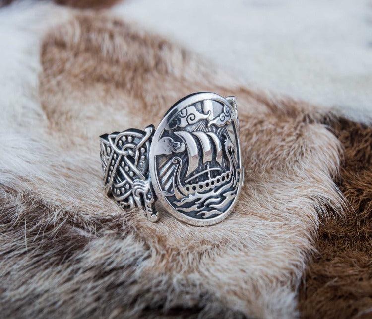 Drakkar Symbol with Wolf Ornament Ring Sterling Silver Unique Jewelry-3