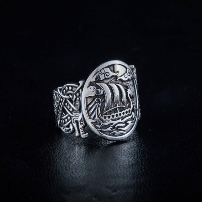 Drakkar Symbol with Wolf Ornament Ring Sterling Silver Unique Jewelry-5