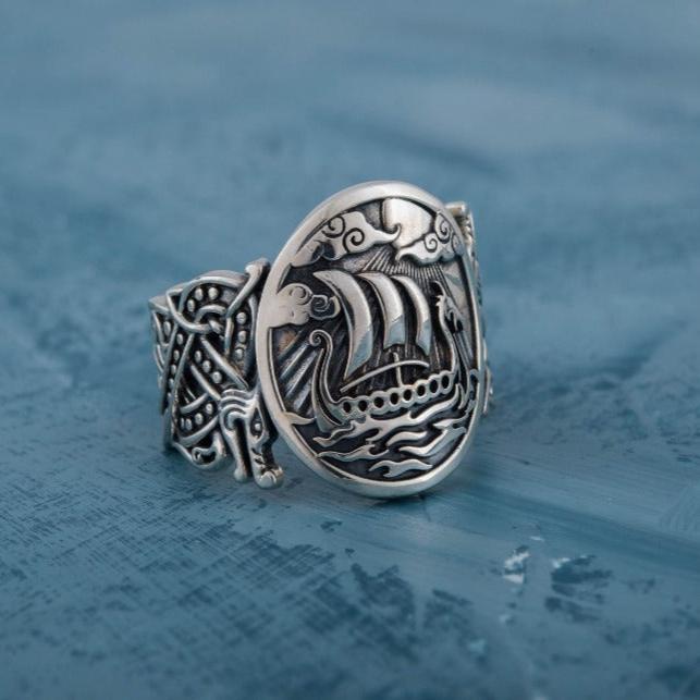 Drakkar Symbol with Wolf Ornament Ring Sterling Silver Unique Jewelry-6