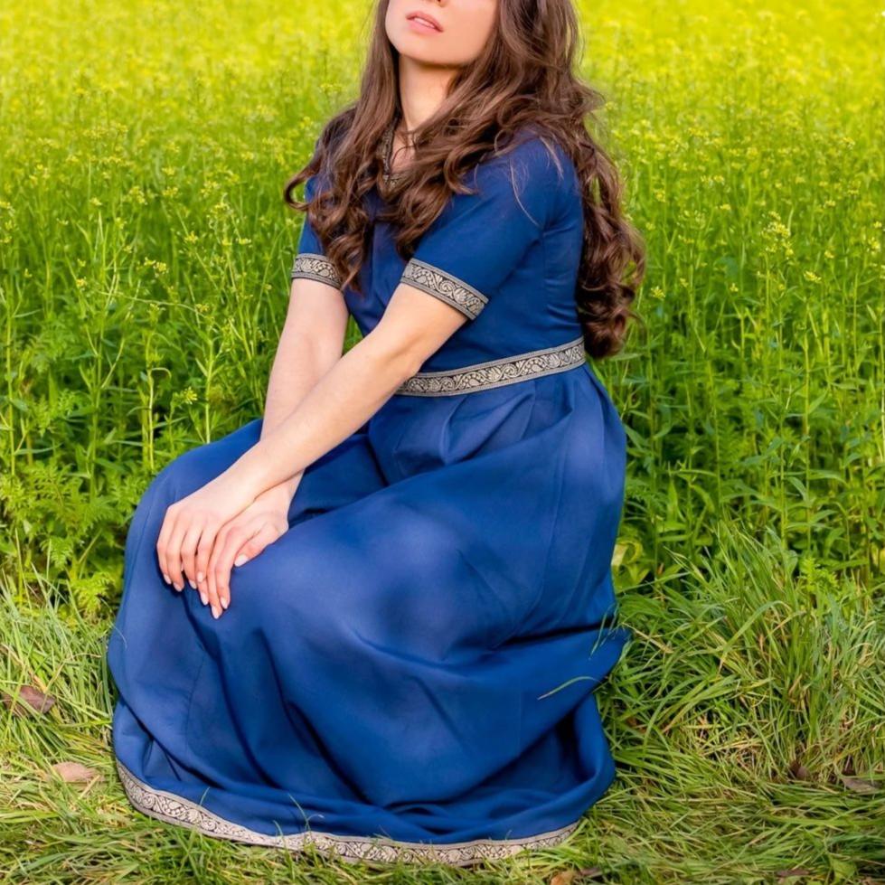 Blue Viking Dress with Intricate Embroidery - Short Sleeves Small Blue Viking Dress with Intricate Embroidery - Short Sleeves Small