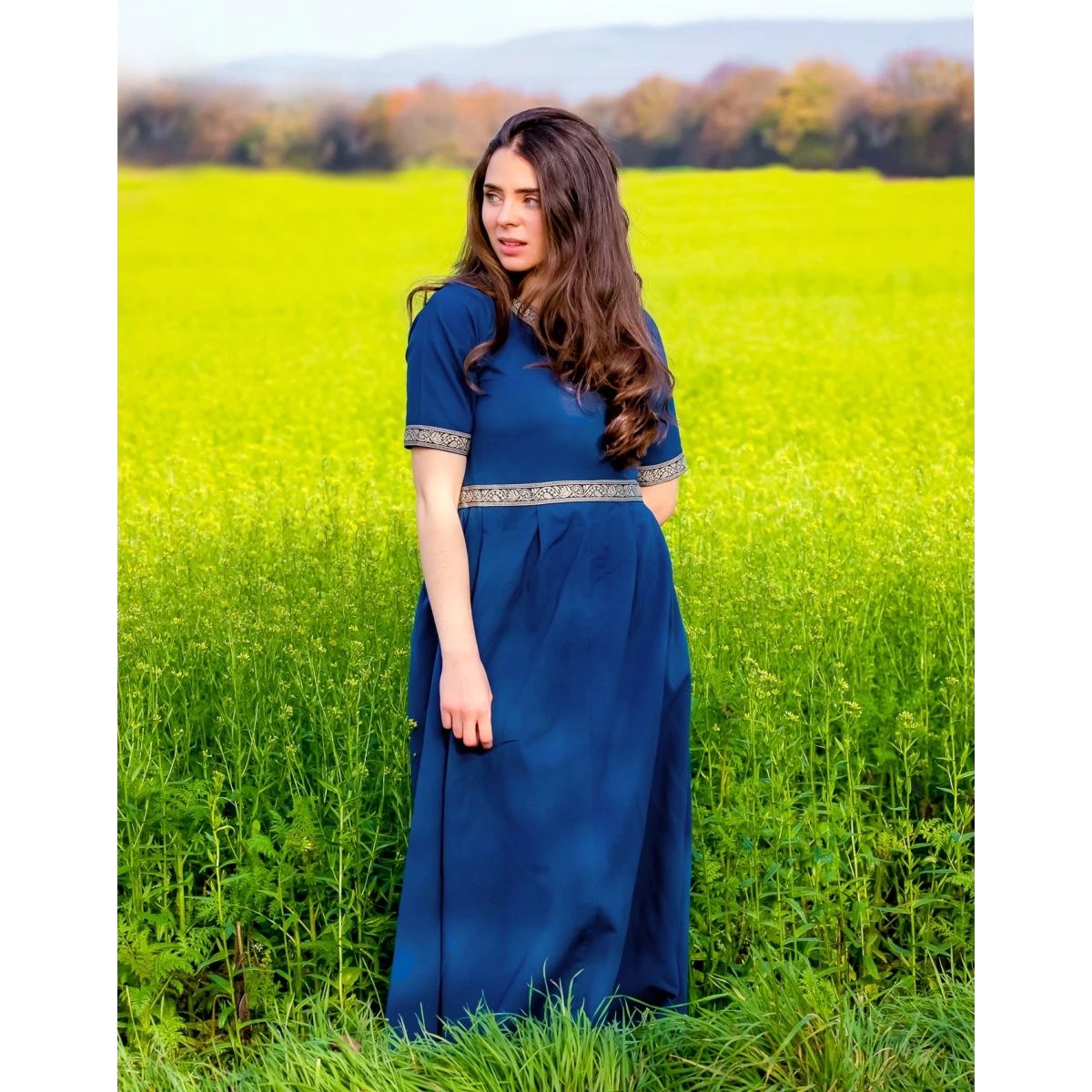 Blue Viking Dress with Intricate Embroidery - Short Sleeves