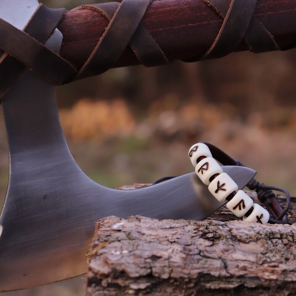 Elder Futhark Rune Bead Leather Viking Bracelet