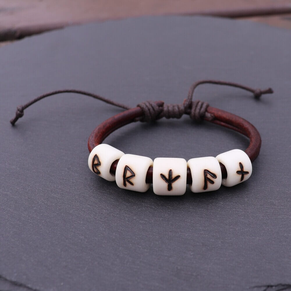 Elder Futhark Rune Bead Leather Viking Bracelet