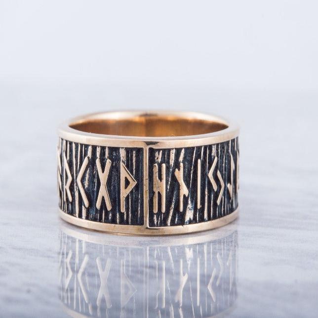 Elder Futhark Runes Ring with Wide Rim Bronze Viking Jewelry-2
