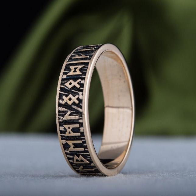 Elder Futhark Runes Ring with Wide Rim Bronze Viking Jewelry-5