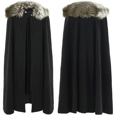 black Faux Fur Collar Wool Viking Cloak