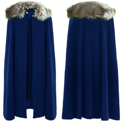 Faux Fur Collar Wool Cloak in Navy Blue