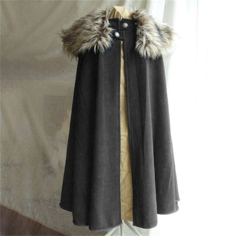Grey Faux Fur Collar Viking Wool Cloak