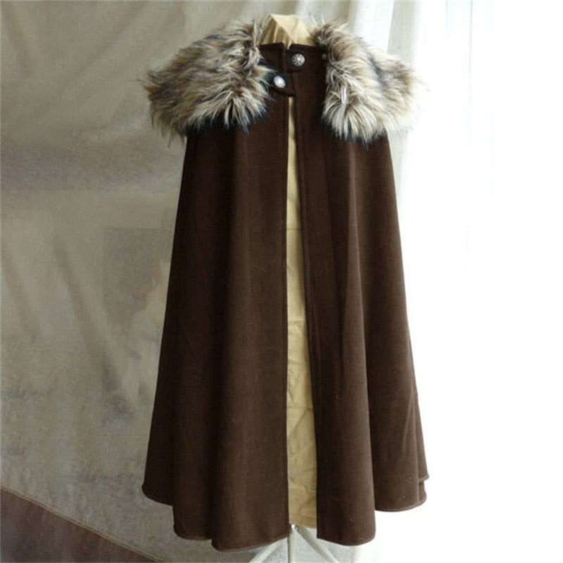 Brown Faux Fur Collar Viking Wool Cloak