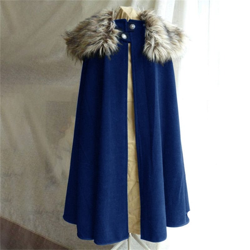 Navy Blue Faux Fur Collar Viking Wool Cloak