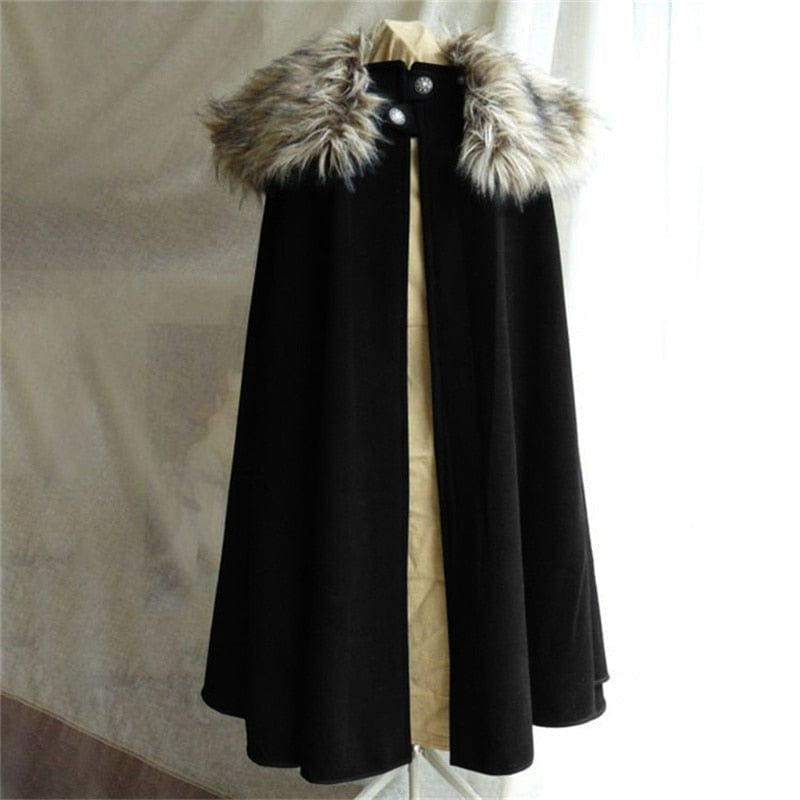 Black Faux Fur Collar Viking Wool Cloak