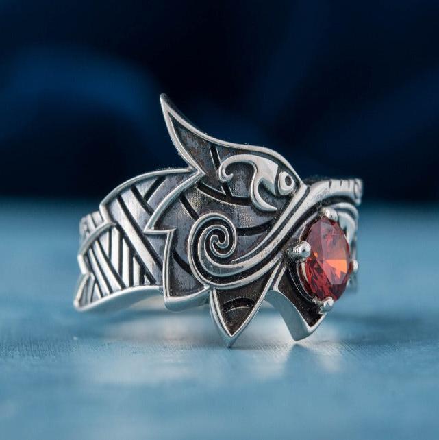 Fenrir Ring with Gem Sterling Silver Unique Norse Jewelry-2