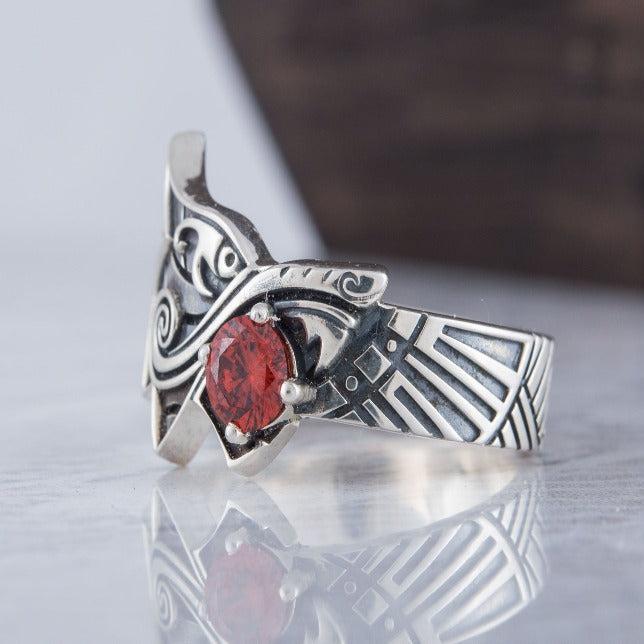 Fenrir Ring with Gem Sterling Silver Unique Norse Jewelry-4